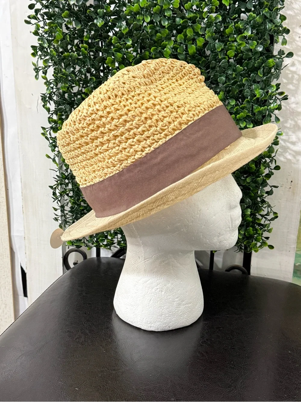 Linen and Straw Cloche Hat with Brown Ribbon